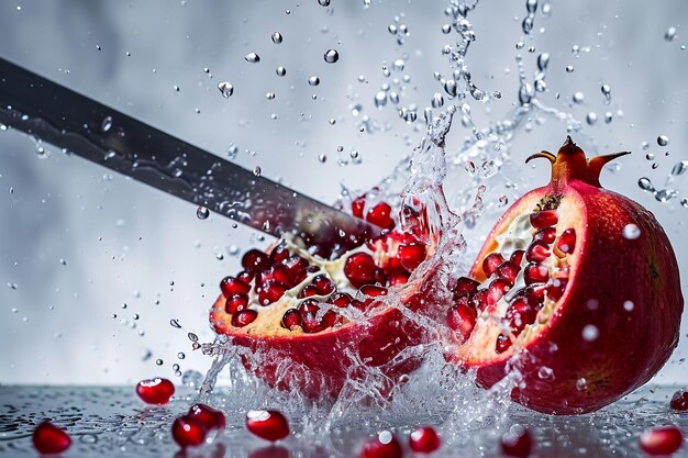 pomegranate slices with knife and water drops and splashes on natural background