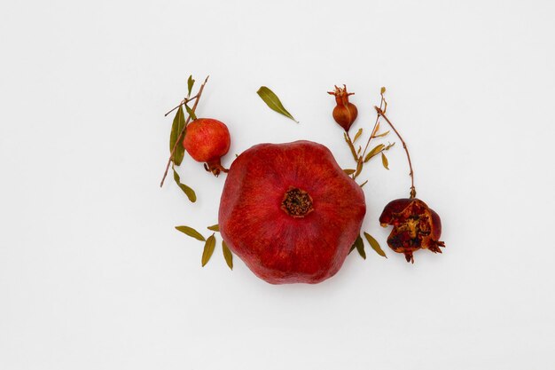 A pomegranate and some leaves on a white background