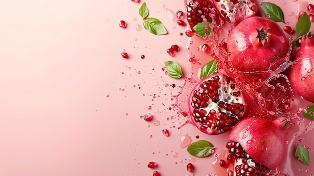 Photo pomegranate splash with green leaves and pink background