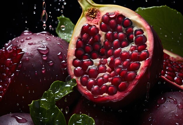 a pomegranate with drops of water on it