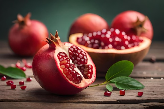 A pomegranate with a green leaf and a half of it