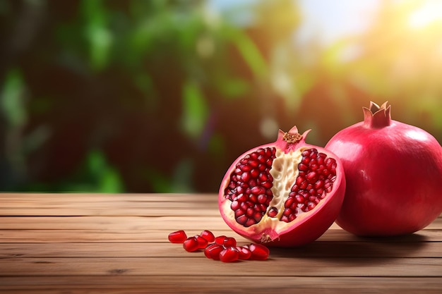 Pomegranate with leaves on wooden table against window Ai Generated