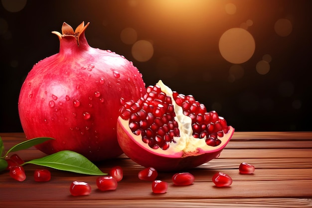 Pomegranate with leaves on wooden table against window Ai Generated