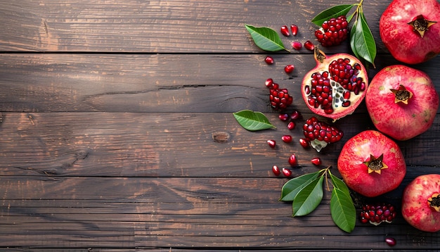 Photo pomegranate with leaves on wooden table