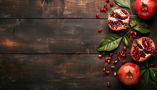 Photo pomegranate with leaves on wooden table