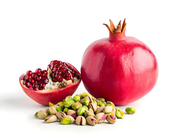 Pomegranate with pistachios isolated on a white background High quality