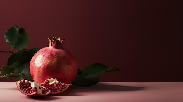 A pomegranate with a pomegranate half on a dark red background