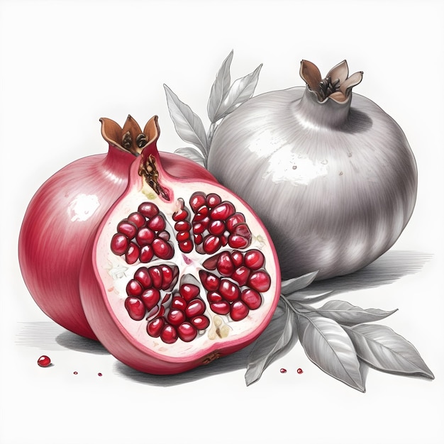 a pomegranate with pomegranates and leaves