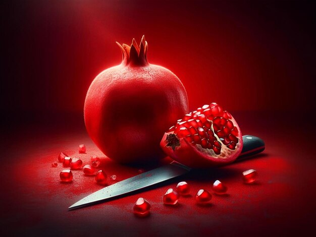 Pomegranate with a Slice and some seeds with a Sharp Knife