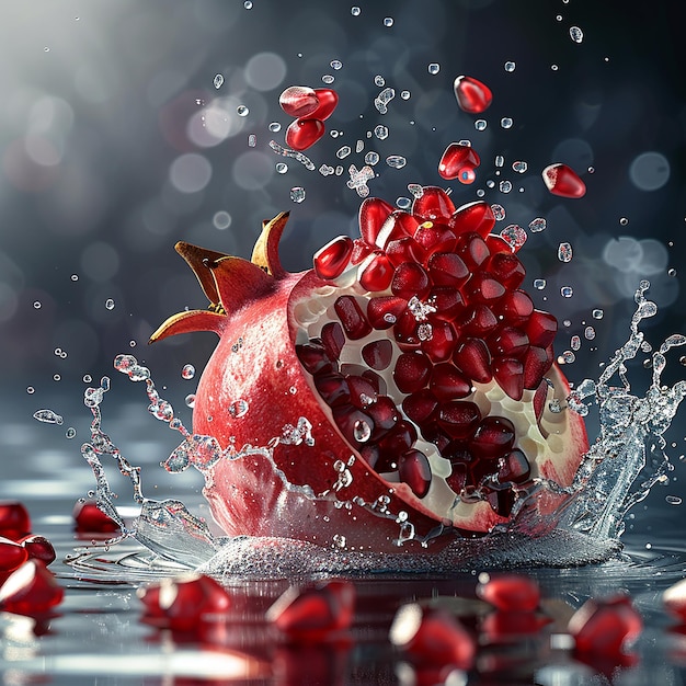 a pomegranate with a splash of water splashing around it