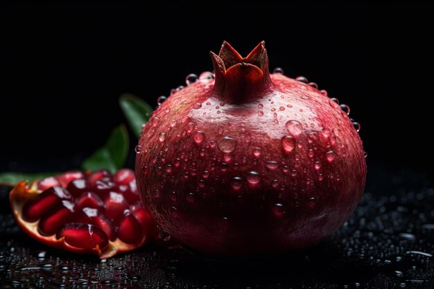 A pomegranate with water drops on it