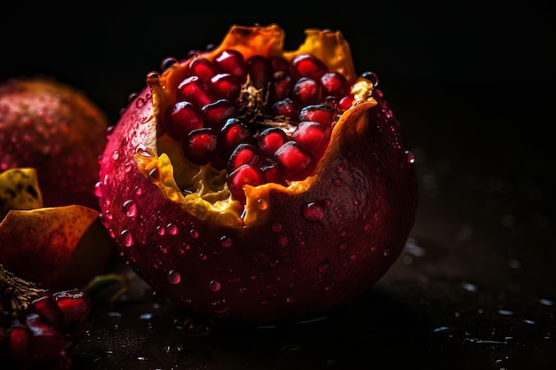 A pomegranate with water drops on it