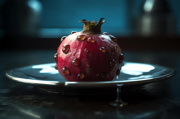 A pomegranate with water drops on it