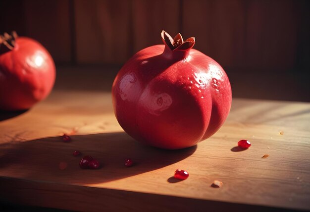 Photo a pomegranate on a wooden table with the words  pomegranate  on it