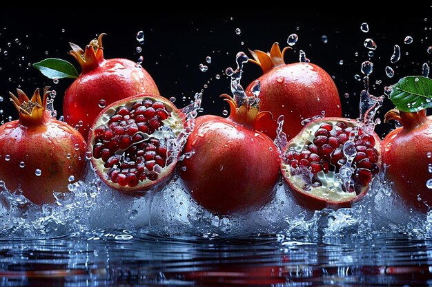 Pomegranates and halves of pomegranates in splashes of water