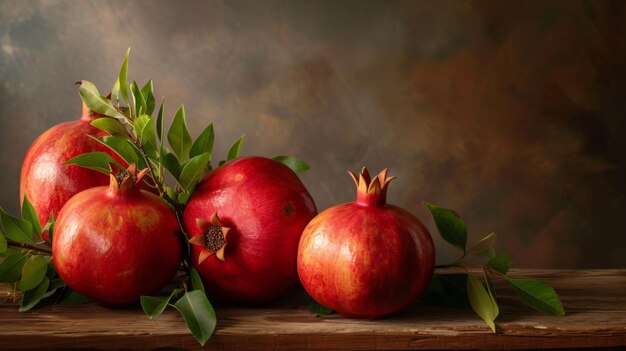 pomegranates and leaves on a wooden table