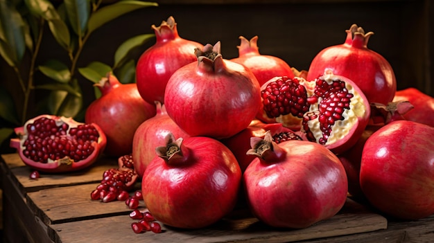 pomegranates and pomegranates are on a wooden table