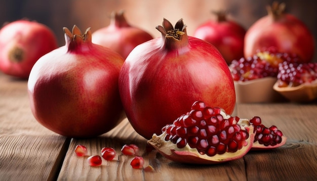 pomegranates on a rustic table