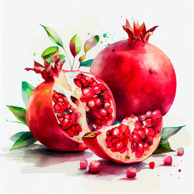 Pomegranates. Watercolor on white paper background. All the fruits.