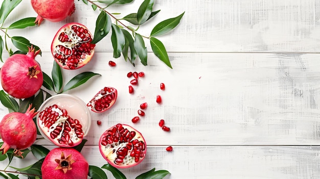 Photo pomegranates on a wooden background with leaves and seeds