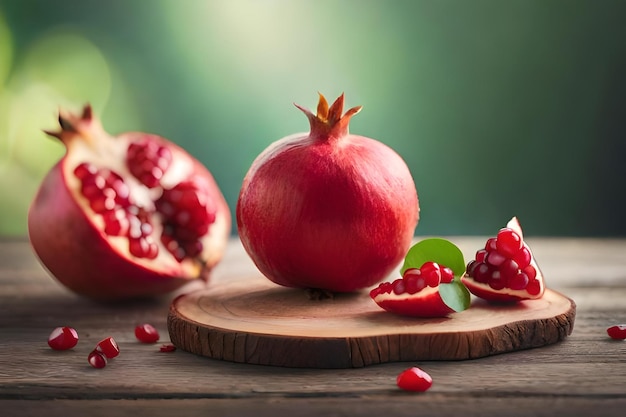 Photo pomegranates on a wooden board with the word pomegranate on it