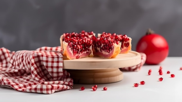 Pomegranates on a wooden cake stand with a red napkin on the table.