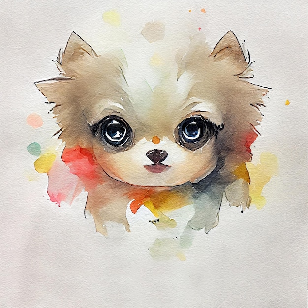 Pomeranian. Adorable puppy dog. Watercolor illustration with color spots. All dog breeds