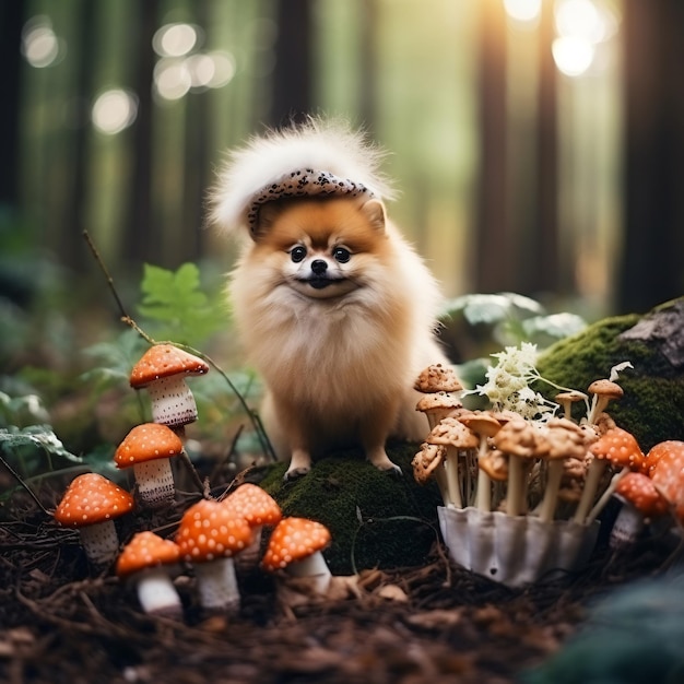 Pomeranian Breed Dog Stands on Two Legs Near a Baske