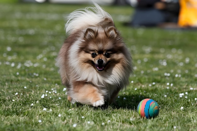 Photo pomeranian chases rolling ball playful spirit shining in joyful pursuit