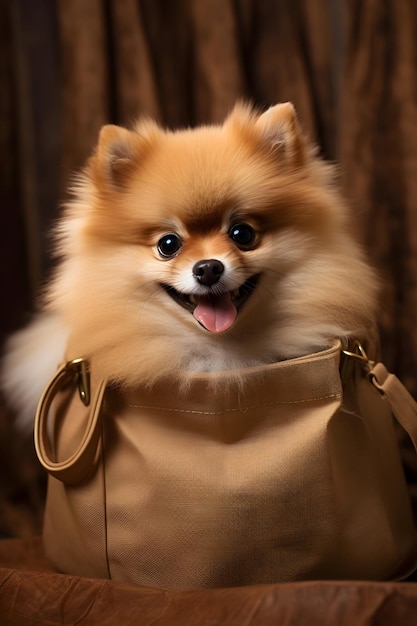 Pomeranian Dog On Cute A Brown Bag