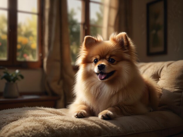 a Pomeranian dog is sitting on a couch with the window behind it