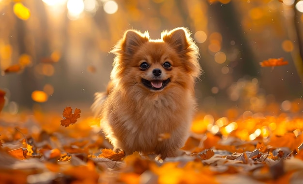 Pomeranian dog playing in the autumn park