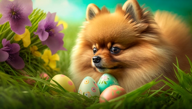 Pomeranian Pooch Finds Festive Easter Eggs in the Flowery Field