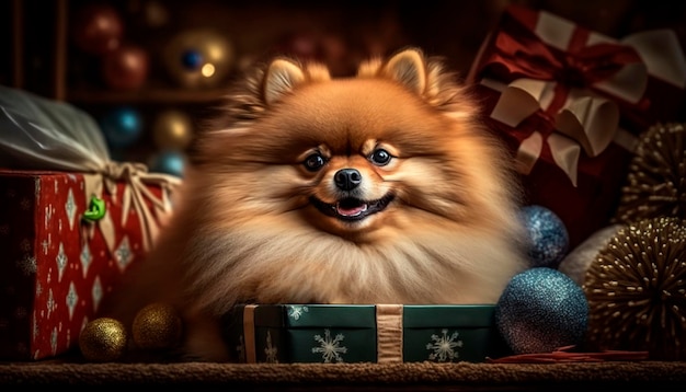 Pomeranian Pup nestled amidst an abundance of Christmas presents