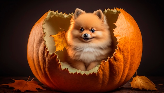 Pomeranian Pup Perched in a Picked Pockmarked Pumpkin