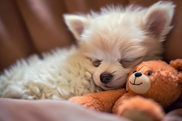 Pomeranian puppy sleeps with a teddy bear