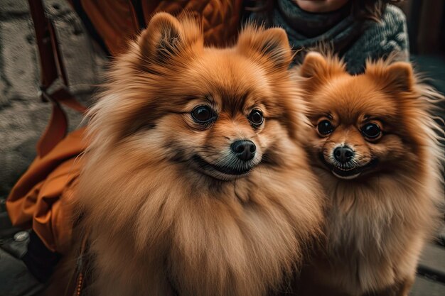 Pomeranian spitz dogs are held by the mistress