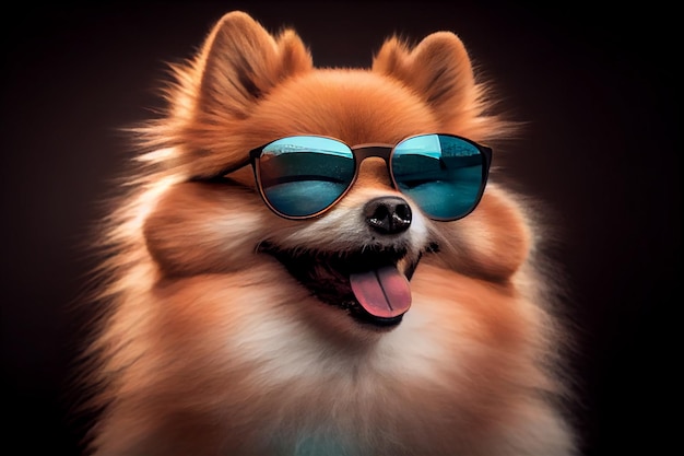 Pomeranian wearing sunglasses smiling paste tones