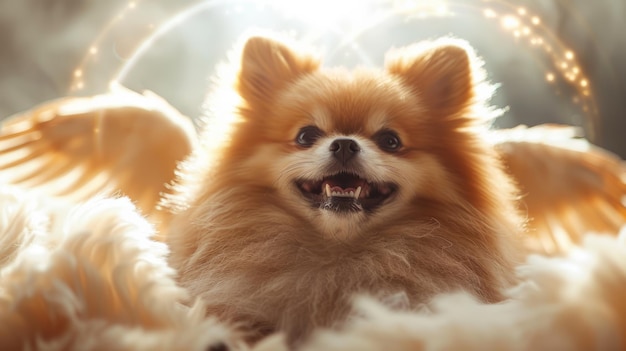 Photo pomeranian with angelic wings in golden light at a serene outdoor location