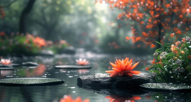 an pond in a botanical garden with lily pads on it