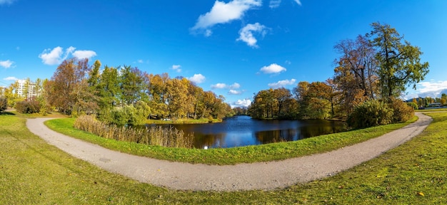 Pond on Elagin Island in St Petersburg in autumn Panorama