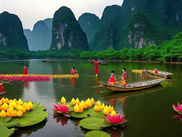 Pond filed with lotus flowers bamboo