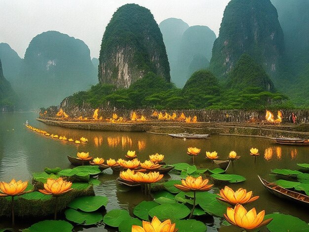 Pond filed with lotus flowers bamboo