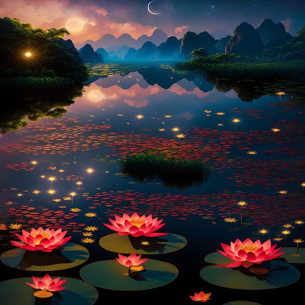 A Pond filed with lotus flowers