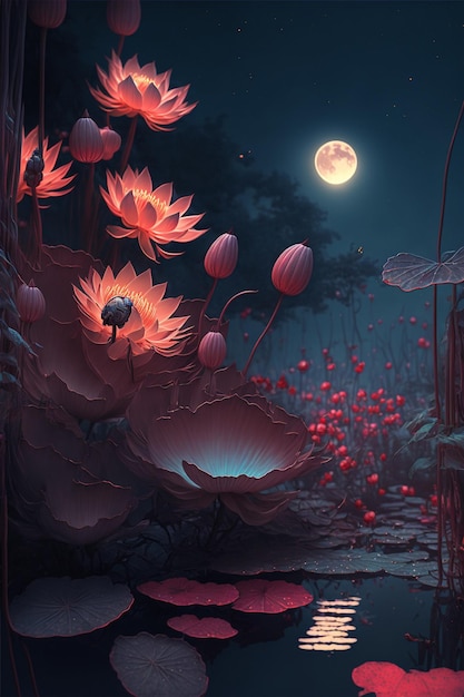 Pond filled with lots of pink flowers under a full moon generative ai