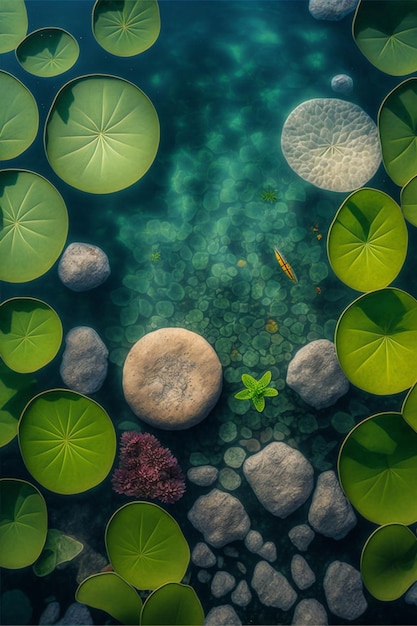 Pond filled with lots of water plants and rocks generative ai