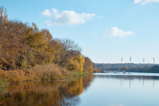 Pond and forest on the shore, autumn landscape, wake park