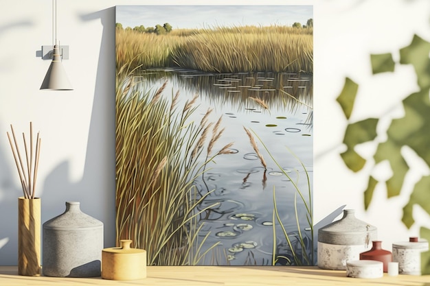 Pond reeds ripples lily water image Ai generated art