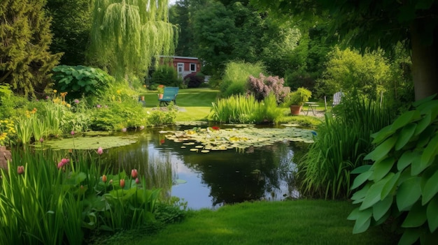 Pond in the summer garden Illustration AI GenerativexA