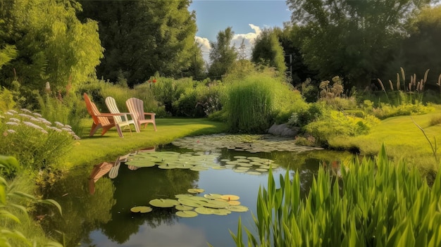 Pond in the summer garden Illustration AI GenerativexA